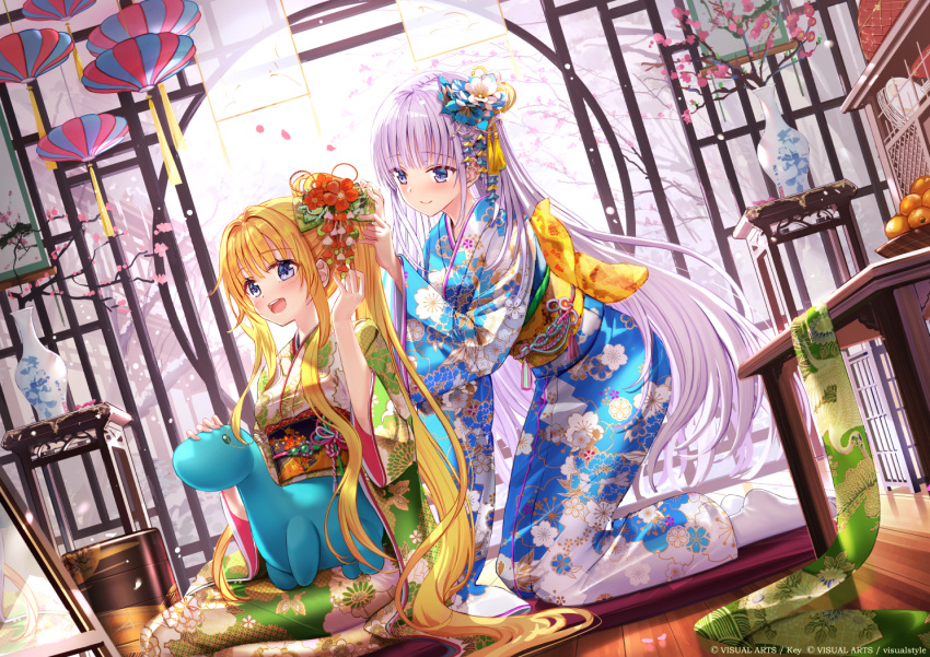 :d air blonde_hair blue_eyes blue_kimono blush closed_mouth commentary_request company_connection crossover day dutch_angle floral_print flower green_kimono indoors japanese_clothes kamio_misuzu key_(company) kimono kneeling long_hair naruse_shiroha no_shoes obi official_art petals pink_flower ponytail print_kimono purple_eyes round_window sash silver_hair smile socks stuffed_animal stuffed_dinosaur stuffed_toy summer_pockets swordsouls teeth upper_teeth vase very_long_hair watermark white_kimono white_legwear window wooden_floor