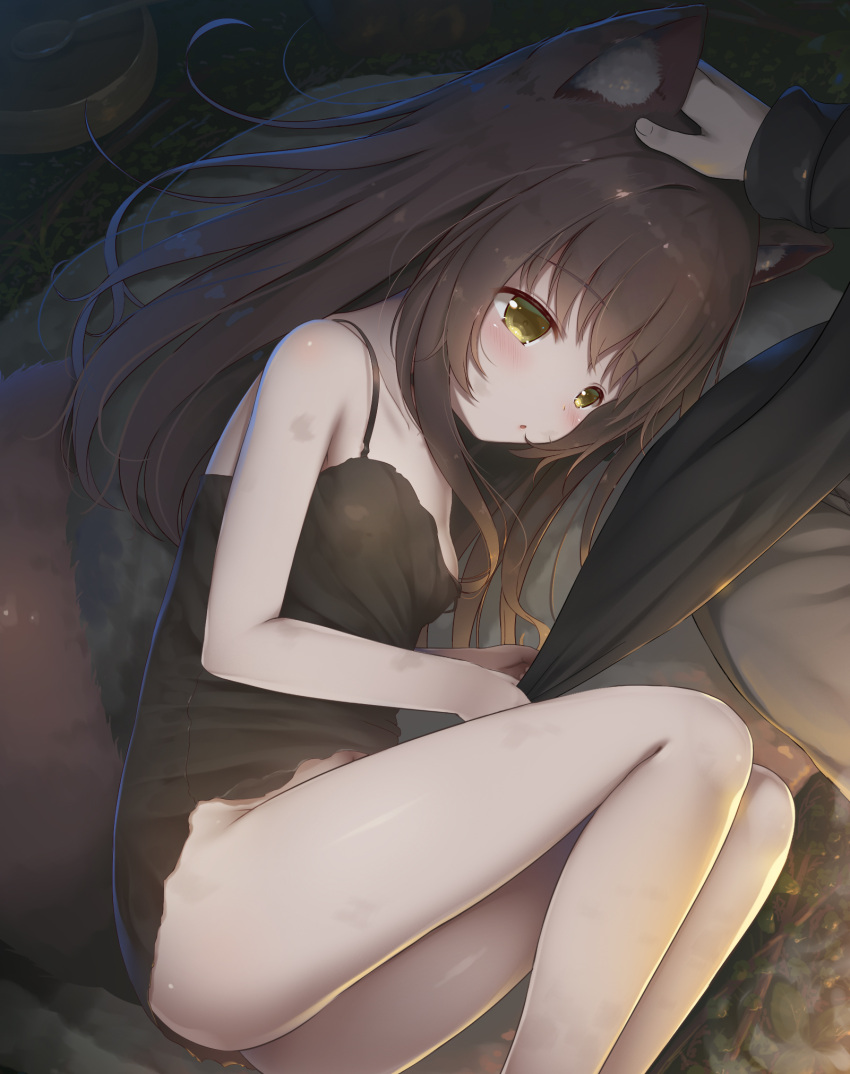 1boy 1girl animal_ear_fluff animal_ears bangs bare_legs bare_shoulders black_hair blush bowl breasts brown_hair clothes_pull commentary_request fox_ears fox_girl fox_tail hand_on_another's_head headpat highres long_hair lying on_side original psyche3313 reward_available shirt_pull solo_focus spoon tail yellow_eyes