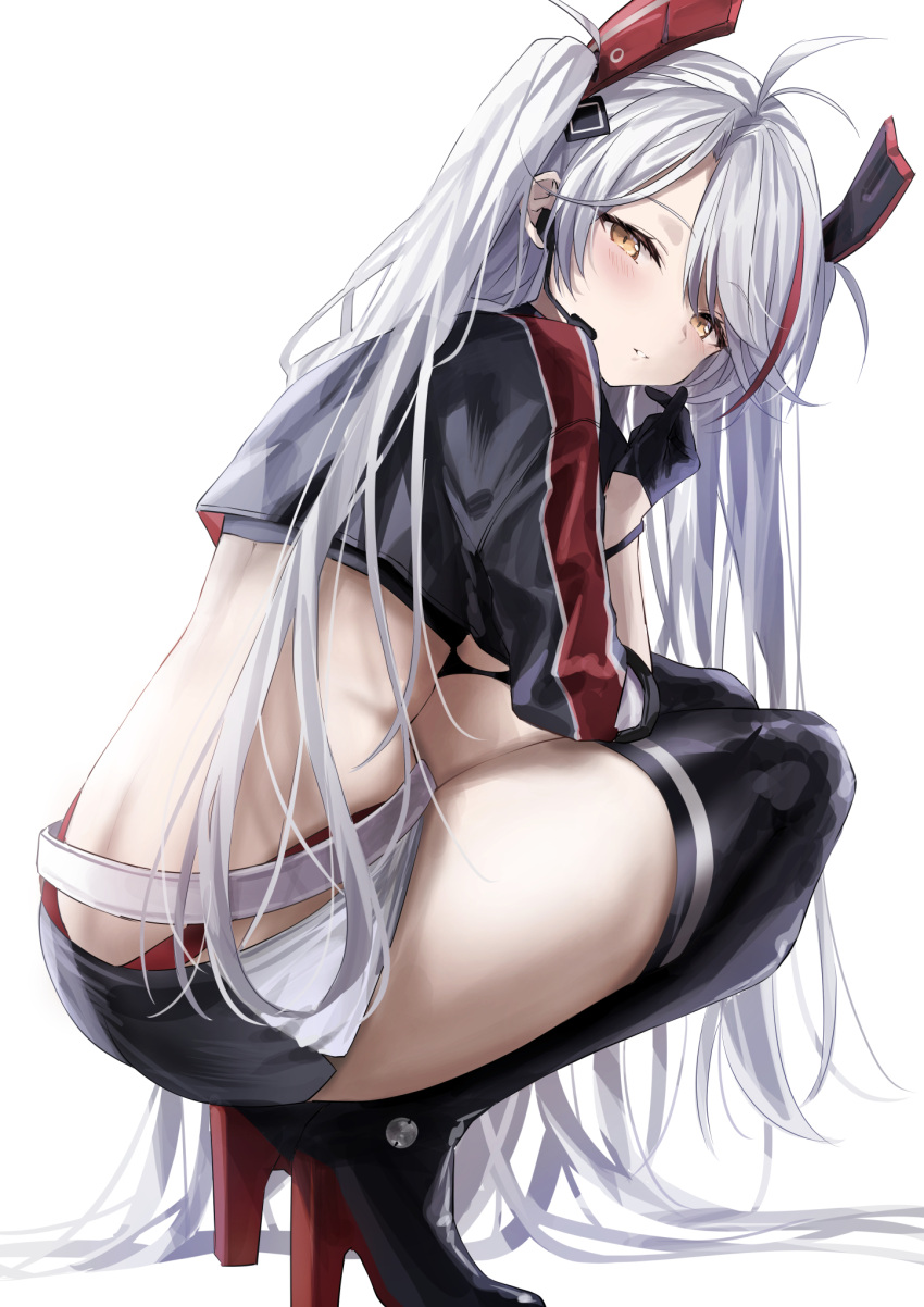 1girl antenna_hair azur_lane back bangs black_footwear black_gloves black_jacket black_legwear black_skirt blush boots commentary_request cropped_jacket eyebrows_visible_through_hair from_side full_body gloves headgear headset high_heel_boots high_heels highres jacket japanese_clothes kimono long_hair looking_at_viewer looking_to_the_side miniskirt multicolored_hair official_alternate_costume parted_lips ponpon_nun prinz_eugen_(azur_lane) prinz_eugen_(final_lap)_(azur_lane) red_hair silver_hair simple_background skirt solo squatting streaked_hair thigh_boots thighhighs two_side_up very_long_hair white_background yellow_eyes