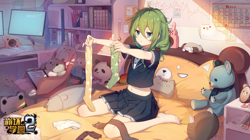 1girl artist_request bangs barefoot bed bed_sheet bedroom benghuai_xueyuan black_legwear black_shirt black_skirt book bookshelf calendar_(object) chair check_artist closed_mouth domotolain full_body green_eyes green_hair green_legwear highres holding holding_clothes holding_legwear honkai_(series) long_hair monitor navel official_art pillow school_uniform shirt short_sleeves sitting skirt solo stuffed_animal stuffed_toy toes wariza white_legwear yellow_legwear yssring_leavtruth