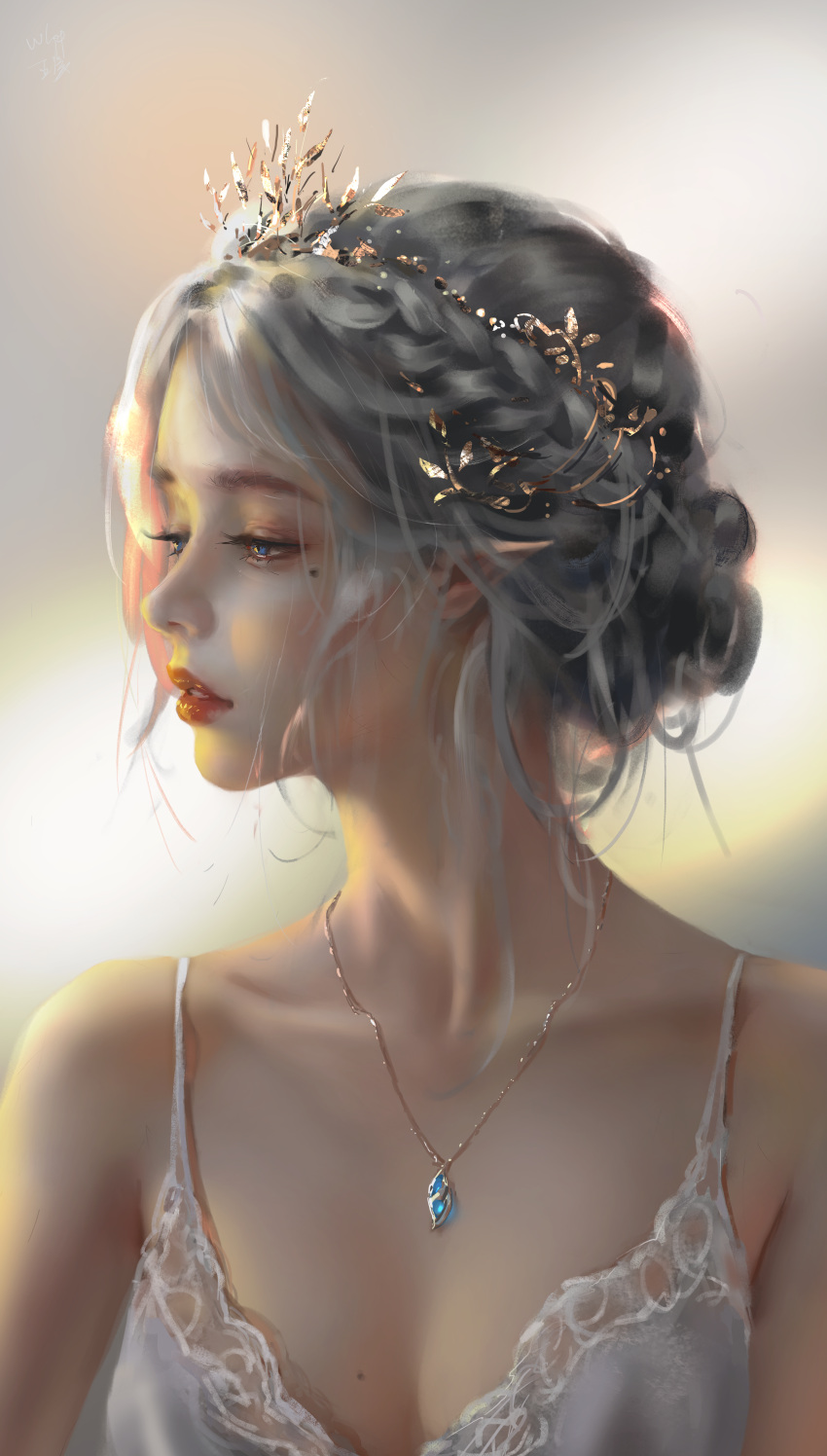 1girl absurdres blue_eyes braid collarbone crown_braid eyelashes face ghostblade grey_hair highres jewelry lips looking_to_the_side mole mole_under_eye necklace nose pointy_ears princess_yan red_lips sidelighting solo tiara upper_body wlop