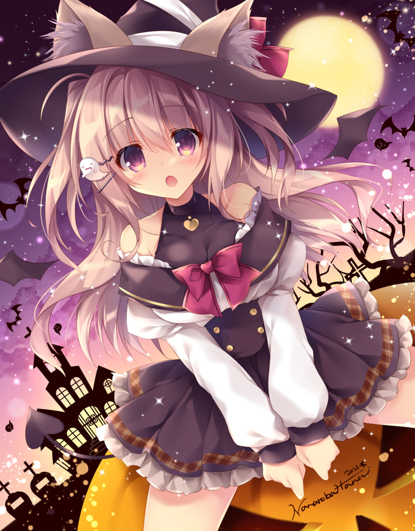 1girl ahoge animal_ear_fluff animal_ears bat bat_wings black_dress blonde_hair blush bow breasts cat_ears cloud cloudy_sky collarbone demon_tail dress feet_out_of_frame frilled_dress frills hair_ornament hairclip halloween halter_top halterneck hat highres jack-o'-lantern juliet_sleeves large_breasts long_hair long_sleeves looking_at_viewer moon nanaroba_hana night night_sky off_shoulder open_mouth original puffy_sleeves purple_eyes red_bow sky solo tail wings witch_hat