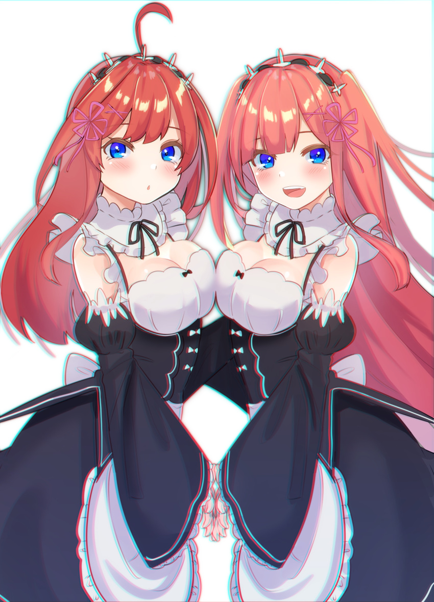 :d absurdres ahoge apron bangs black_dress blue_eyes blunt_bangs blush breast_press breasts cosplay detached_sleeves dress frills go-toubun_no_hanayome hair_ornament highres kurosaki_coco long_hair looking_at_viewer maid maid_apron maid_headdress nakano_itsuki nakano_nino parted_lips pink_hair ram_(re:zero) ram_(re:zero)_(cosplay) re:zero_kara_hajimeru_isekai_seikatsu red_hair rem_(re:zero) rem_(re:zero)_(cosplay) roswaal_mansion_maid_uniform smile symmetrical_docking symmetrical_hand_pose twintails