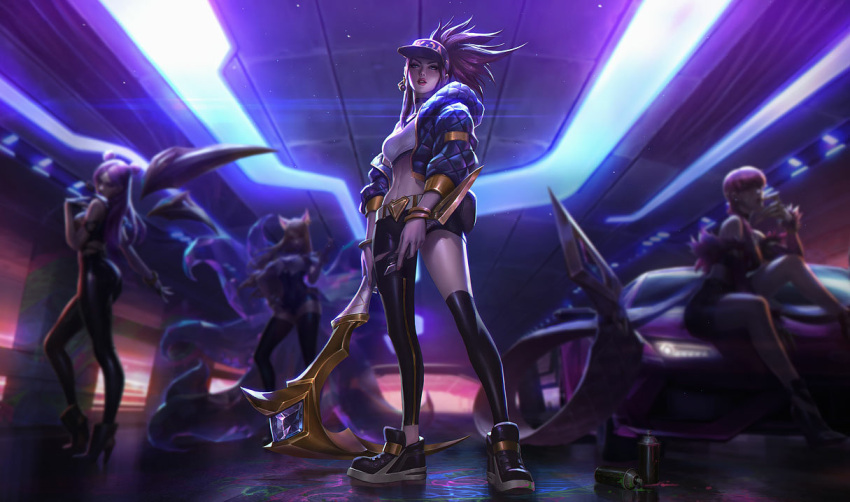 4girls ahri_(league_of_legends) akali asymmetrical_legwear baseball_cap belt blue_eyes can choker crop_top cropped_jacket dagger evelynn_(league_of_legends) hat headset holding holding_weapon idol jacket k/da_(league_of_legends) k/da_ahri k/da_akali k/da_evelynn k/da_kai'sa kai'sa knife league_of_legends long_hair looking_at_viewer microphone multiple_girls navel official_alternate_costume official_art open_clothes open_jacket paint_can parted_lips ponytail purple_hair scythe shoes uneven_legwear weapon
