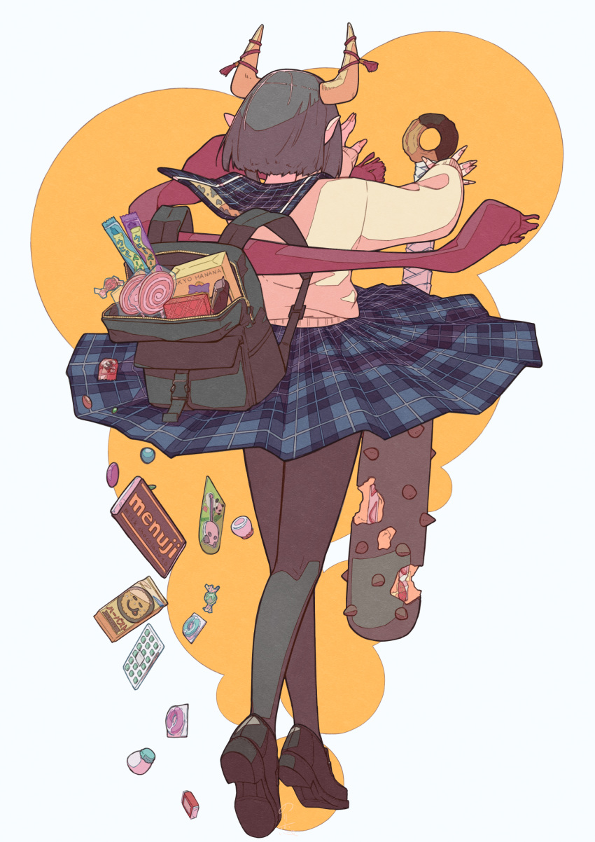 1girl backpack bag black_footwear black_hair black_legwear bob_cut box candy chocolate chocolate_bar circle clothes_lift club_(weapon) commentary_request facing_away floating floating_object floating_weapon food from_behind highres horn_ornament horn_ribbon horns kanabou levitation loafers lollipop long_sleeves miniskirt nail_polish norikoi oni original outstretched_arms pantyhose plaid pointy_ears red_scarf ribbon sailor_collar_lift scarf scarf_removed school_uniform serafuku shoe_soles shoes short_hair skirt skirt_lift sleeves_past_wrists snack solo spiked_club standing sweater tiptoes weapon white_background
