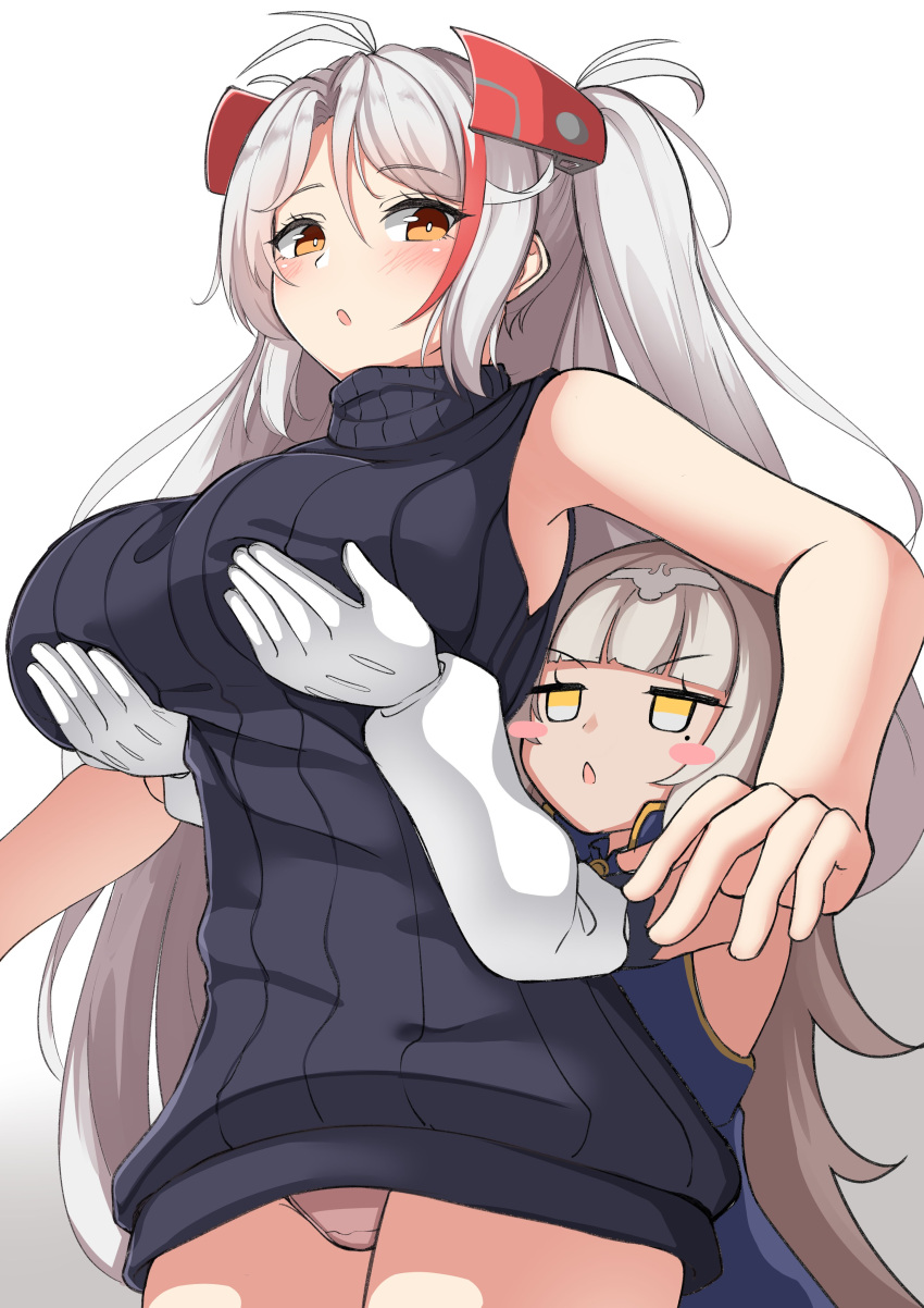 2girls absurdres azur_lane bangs bare_arms bare_shoulders black_sweater blue_dress blunt_bangs blush blush_stickers breast_lift breasts brown_eyes chestnut_mouth commentary_request dress eyebrows_visible_through_hair gloves gradient gradient_background grey_background grey_hair hair_between_eyes headgear headpiece highres large_breasts long_hair long_sleeves mole mole_under_eye moyoron multicolored_hair multiple_girls panties parted_lips pink_panties prinz_eugen_(azur_lane) puffy_long_sleeves puffy_sleeves red_hair ribbed_sweater sleeveless sleeveless_dress sleeveless_sweater sleeveless_turtleneck streaked_hair sweater turtleneck turtleneck_sweater two_side_up underwear v-shaped_eyebrows very_long_hair white_background white_gloves white_sleeves yellow_eyes z46_(azur_lane)