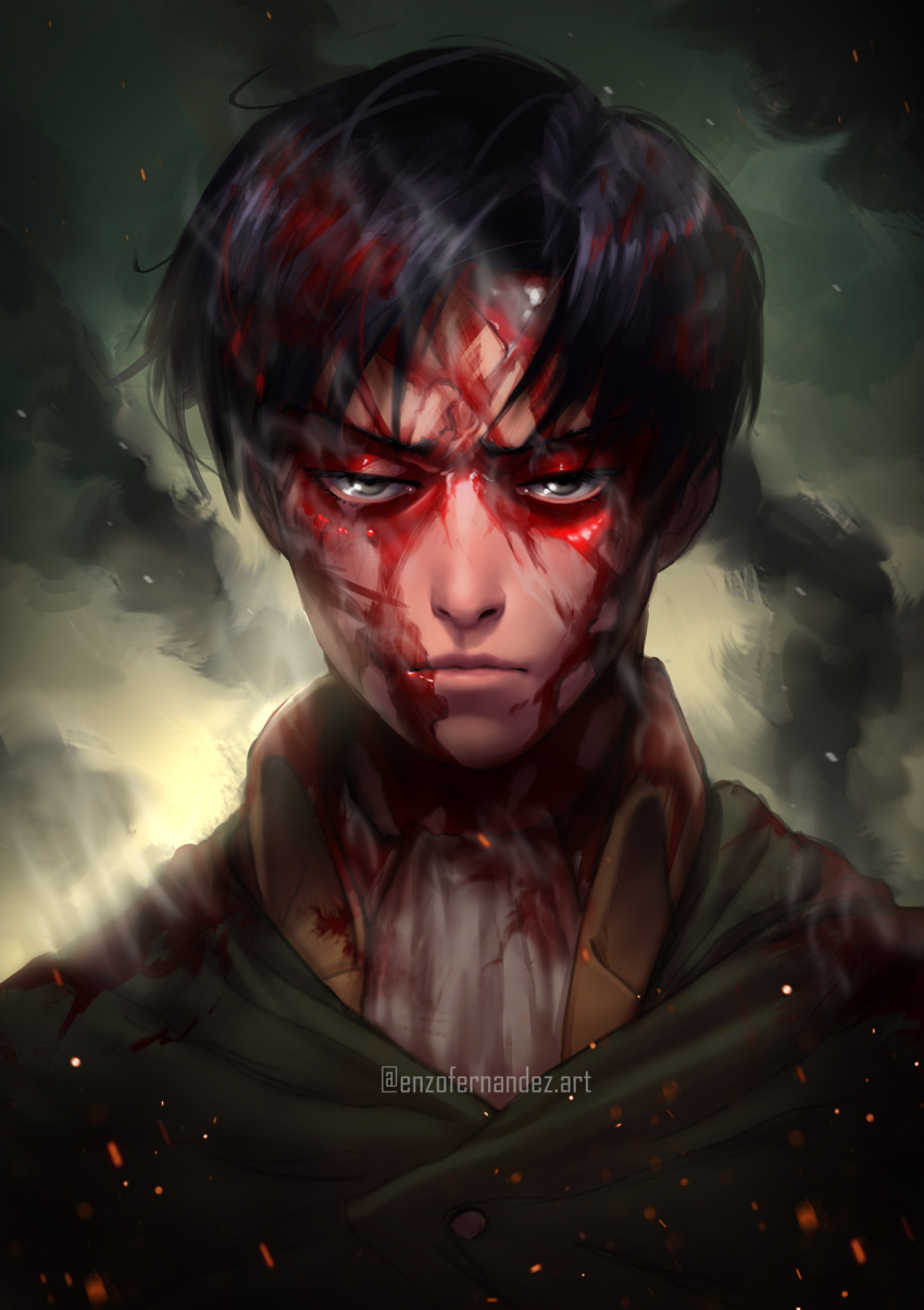 1boy ascot bangs black_hair blood blood_on_face capelet enzo_fernandez frown green_capelet highres levi_(shingeki_no_kyojin) lips looking_at_viewer male_focus parted_bangs scene_reference shingeki_no_kyojin solo steam straight-on upper_body