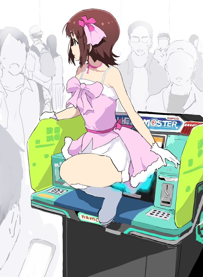 absurdres amami_haruka arcade_cabinet bare_shoulders choker dress extra faceless faceless_male gloves highres hitodama_(madatohi) idol idolmaster idolmaster_(classic) looking_afar off-shoulder_dress off_shoulder partially_colored pink_choker pink_dress profile solo_focus surprised sweatdrop through_screen two-tone_dress white_gloves