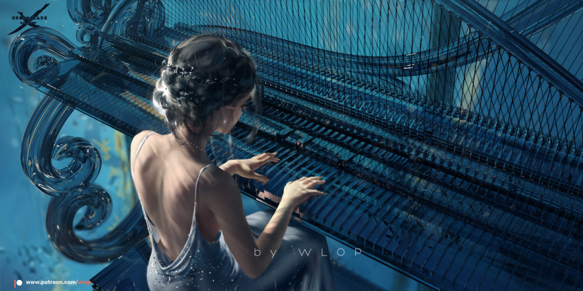 1girl artist_name backless_dress backless_outfit bare_shoulders blue_theme copyright_name dress earrings eyelashes from_behind ghostblade hairstyle_request highres instrument jewelry looking_down music piano piano_keys playing_instrument playing_piano princess_yan reflection silver_dress sitting solo watermark wlop