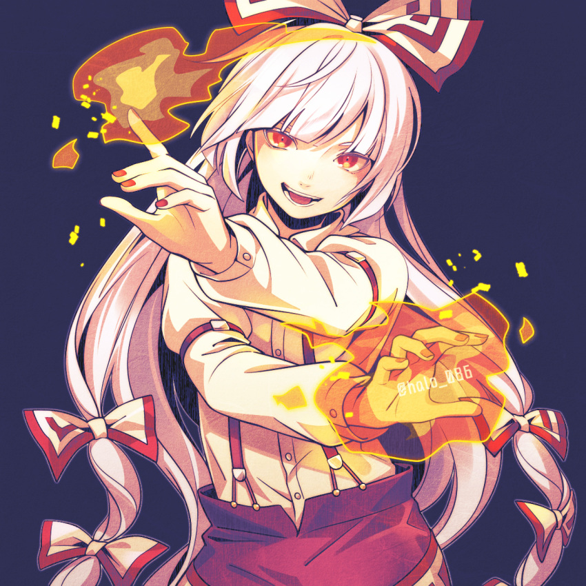 1girl bangs banned_artist black_background blunt_bangs bow buttons collared_shirt commentary_request fire fujiwara_no_mokou hair_bow highres long_hair long_sleeves looking_at_viewer nail_polish ofuda pants photoshop_(medium) red_eyes red_nails red_pants shirt simple_background smile solo touhou twitter_username very_long_hair white_background white_shirt wing_collar yuge_mugito