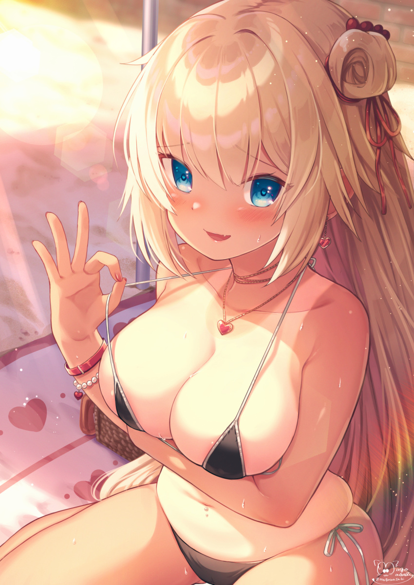 1girl akai_haato arm_under_breasts bangs beach_mat bead_bracelet beads bikini black_bikini blonde_hair blue_eyes blush bracelet breasts collarbone commentary_request day earrings eyebrows_visible_through_hair fang hair_between_eyes hair_ribbon heart heart_earrings heart_necklace highres hololive jewelry large_breasts light_particles looking_at_viewer magowasabi nail_polish one-piece_tan one_side_up outdoors red_nails ribbon side-tie_bikini signature sitting skin_fang smile solo strap_lift string_bikini sweat swimsuit tan tanlines thighhighs twitter_username virtual_youtuber