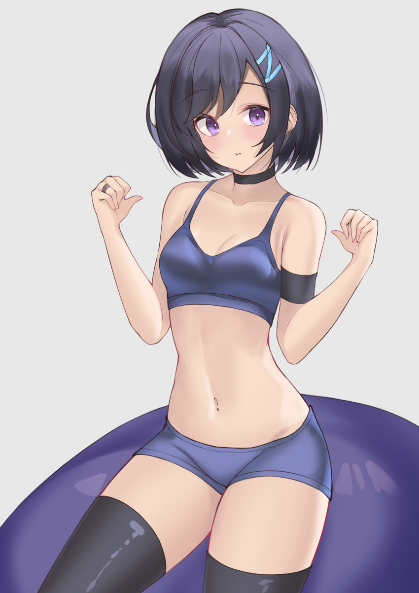 1girl :t absurdres armband bare_arms bare_shoulders black_choker black_hair black_legwear blue_shirt blue_shorts breasts choker closed_mouth crop_top hair_ornament hairclip hands_up highres jewelry kori_(parfait_ehmy) looking_at_viewer micro_shorts midriff navel original parfait_ehmy pout purple_eyes ring shirt short_hair shorts sleeveless sleeveless_shirt small_breasts solo spaghetti_strap stomach thighhighs thighs