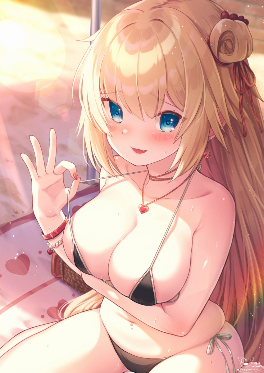 1girl akai_haato arm_under_breasts bangs beach_mat bead_bracelet beads bikini black_bikini blonde_hair blue_eyes blush bracelet breasts collarbone commentary_request day earrings eyebrows_visible_through_hair fang hair_between_eyes hair_ribbon heart heart_earrings heart_necklace highres hololive jewelry large_breasts light_particles looking_at_viewer magowasabi nail_polish one_side_up outdoors red_nails ribbon side-tie_bikini signature sitting skin_fang smile solo strap_lift string_bikini sweat swimsuit thighhighs twitter_username virtual_youtuber