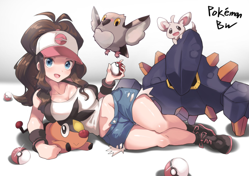 1girl absurdres ahoge bare_legs baseball_cap black_footwear blue_eyes blue_shorts blush boldore breasts brown_hair cleavage collarbone commentary cross-laced_footwear curvy denim denim_shorts full_body glint grey_background groin hat highres hilda_(pokemon) holding holding_poke_ball iparuputsua long_hair looking_at_viewer lying medium_breasts midriff minccino on_side open_mouth pidove pink_headwear poke_ball poke_ball_(basic) poke_ball_print pokemon pokemon_(creature) pokemon_(game) pokemon_bw ponytail shirt shoes short_shorts shorts sidelocks simple_background sleeveless sleeveless_shirt smile sneakers solo_focus sweatband tepig torn_clothes torn_shorts two-tone_headwear wavy_hair white_background white_headwear white_shirt wristband