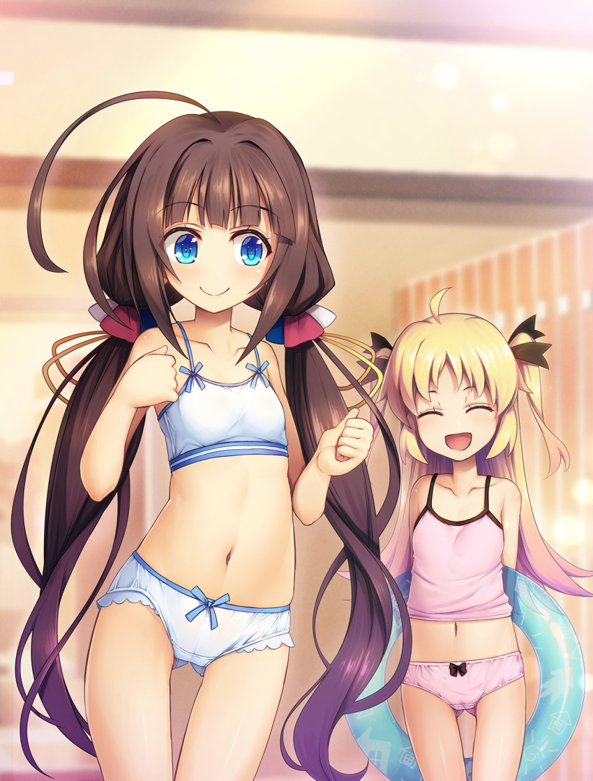 2girls :d ^_^ ahoge ass_visible_through_thighs bare_shoulders black_ribbon blonde_hair blue_eyes blurry blurry_background bow bow_panties bra breasts cameltoe charlotte_izoard chima_q closed_eyes collarbone commentary_request eyebrows_visible_through_hair highres hinatsuru_ai indoors innertube long_hair low_twintails multiple_girls navel panties pink_panties ribbon ryuuou_no_oshigoto! shirt small_breasts smile thigh_gap twintails two_side_up underwear underwear_only very_long_hair white_bra white_panties white_shirt