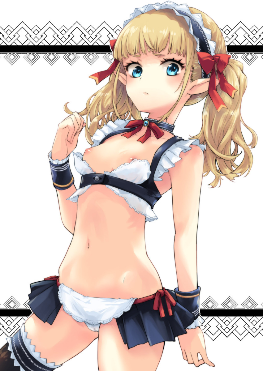 1girl apron armpit_peek bare_arms bare_shoulders black_choker black_legwear black_skirt blonde_hair blue_eyes bow bowtie breasts cameltoe choker cowboy_shot crop_top elf frills frown hair_bow headdress highres long_hair looking_at_viewer maid maid_headdress makita_yoshiharu microskirt midriff navel nipples original pleated_skirt pointy_ears revealing_clothes showgirl_skirt skirt sleeveless small_breasts solo stomach thighhighs twintails waist_apron wrist_cuffs