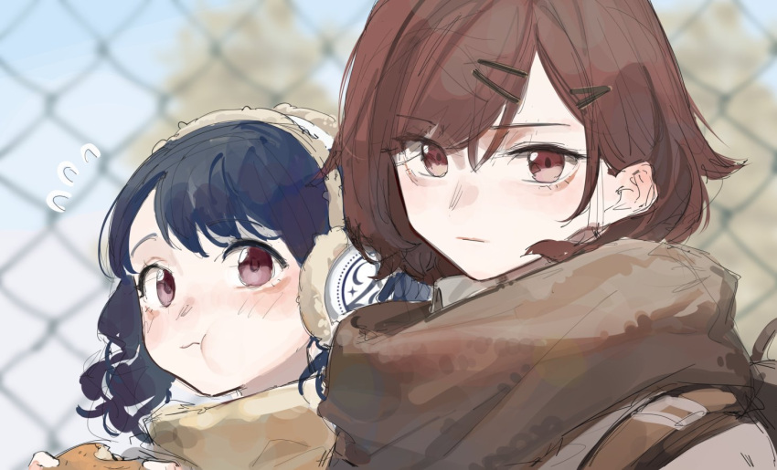 2girls :t blurry burger chain-link_fence dark_blue_hair depth_of_field earmuffs eating expressionless fence flying_sweatdrops food fukumaru_koito higuchi_madoka holding holding_food idolmaster idolmaster_shiny_colors looking_at_viewer looking_to_the_side multiple_girls outdoors red_eyes scarf upper_body zhili_xingzou