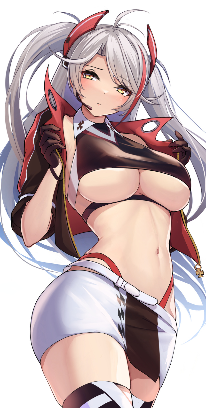 1girl absurdres azur_lane bangs blush breasts closed_mouth eyebrows_visible_through_hair highres large_breasts looking_at_viewer multicolored_hair navel official_alternate_costume oserotto prinz_eugen_(azur_lane) prinz_eugen_(final_lap)_(azur_lane) red_hair silver_hair simple_background skirt solo streaked_hair thighhighs thighs two-tone_skirt two_side_up underboob white_background yellow_eyes