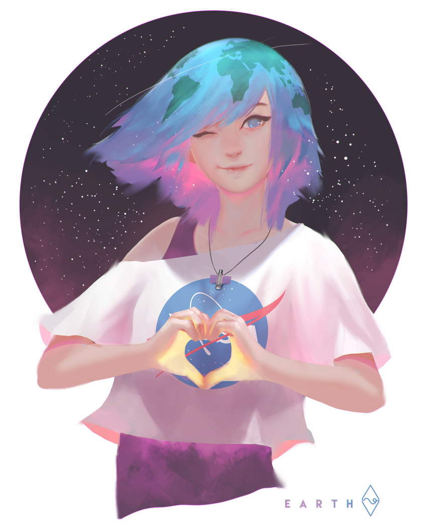 1girl absurdres bangs blue_eyes blue_hair closed_mouth earth-chan fahmi_fauzi gradient_hair green_hair heart heart_hands highres jewelry lips looking_at_viewer multicolored_hair nasa_logo necklace night night_sky no_pupils one_eye_closed original photoshop_(medium) pink_hair revision shirt short_hair short_sleeves sky smile solo space star_(sky) swept_bangs white_shirt