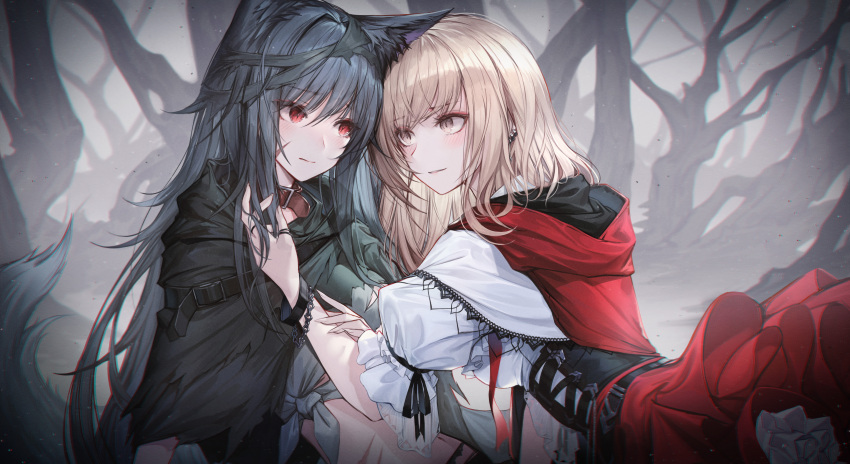 2girls absurdres animal_ears arm_ribbon bangs black_cloak blonde_hair brown_collar brown_eyes chyopeuteu cloak collar commentary corset dress eye_contact eyeshadow forest frilled_dress frills grey_hair hand_in_another's_hair hand_on_another's_arm highres hooded_dress lace_trim leather_collar light_blush light_smile little_red_riding_hood long_hair looking_at_another makeup multiple_girls nature original parted_lips puffy_short_sleeves puffy_sleeves red_dress red_eyes red_eyeshadow ribbon scar scar_on_face scar_on_stomach short_sleeves shoulder_belt sidelocks slit_pupils symbol-only_commentary tail torn_clothes tree wolf_ears wolf_girl wolf_tail wristband yuri