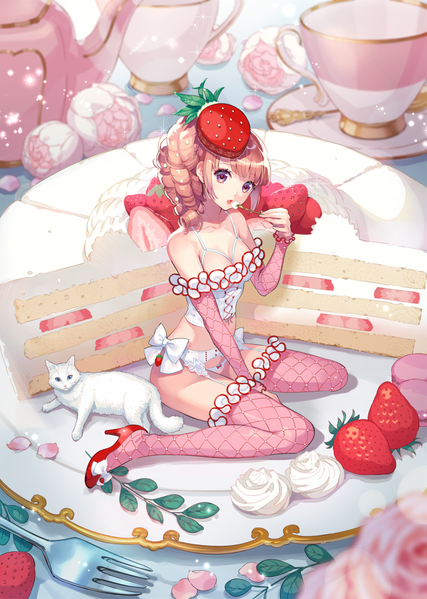 1girl bow breasts bustier cake cat collarbone commentary_request cup detached_sleeves drill_hair eyebrows_visible_through_hair flower food food-themed_clothes fork fruit full_body garter_belt garter_straps hat high_heels highres holding holding_fork leaf lips long_hair looking_at_viewer macaron medium_breasts minigirl nishimura_eri original panties parted_lips pink_hair pink_legwear pink_panties pink_theme red_footwear red_theme saucer solo strawberry sweets_lingerie teacup thighhighs underwear white_bow white_cat