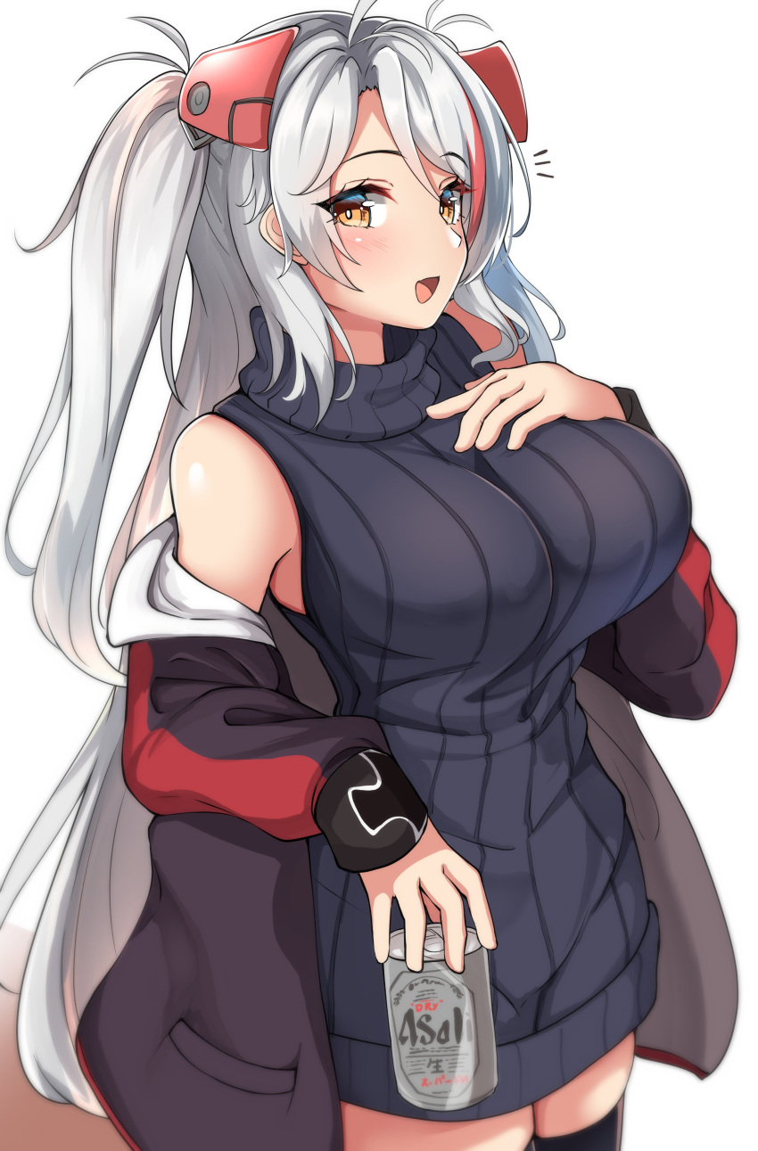 1girl :d absurdres azur_lane bangs bare_shoulders black_jacket black_legwear black_sweater breasts brown_eyes can commentary_request eyebrows_visible_through_hair greyscale hand_up headgear highres holding holding_can jacket large_breasts long_hair long_sleeves looking_at_viewer monochrome moyoron multicolored_hair off_shoulder open_clothes open_jacket prinz_eugen_(azur_lane) red_hair silver_hair simple_background sleeveless sleeveless_sweater sleeveless_turtleneck sleeves_past_wrists smile solo streaked_hair sweater thighhighs turtleneck turtleneck_sweater two_side_up unfinished very_long_hair white_background