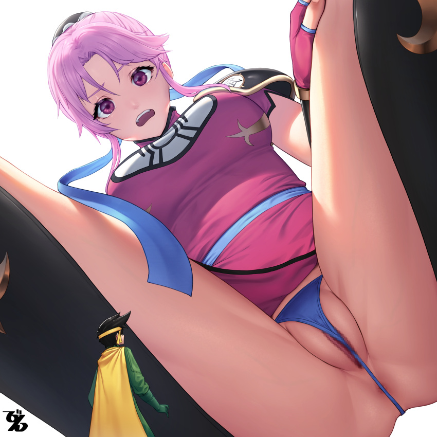 1boy 1girl anus_peek armor artist_logo bangs beeeeen black_hair blue_panties blue_ribbon breasts bun_cover cape censored china_dress chinese_clothes clothing_aside commentary commission dragon_quest dragon_quest_dai_no_daibouken dress eyelashes fingerless_gloves from_below furrowed_brow giant giantess gloves green_gloves groin hair_bun headband highres labia looking_at_viewer maam medium_breasts mosaic_censoring open_mouth panties parted_bangs partially_visible_anus partially_visible_vulva pelvic_curtain pelvic_curtain_aside pink_hair pop_(dragon_quest_dai_no_daibouken) purple_dress purple_eyes purple_gloves pussy ribbon scowl shin_guards short_hair short_sleeves shoulder_armor sidelocks simple_background solo_focus spiked_hair spread_legs squatting teeth thighs thong underwear upper_teeth white_background yellow_cape