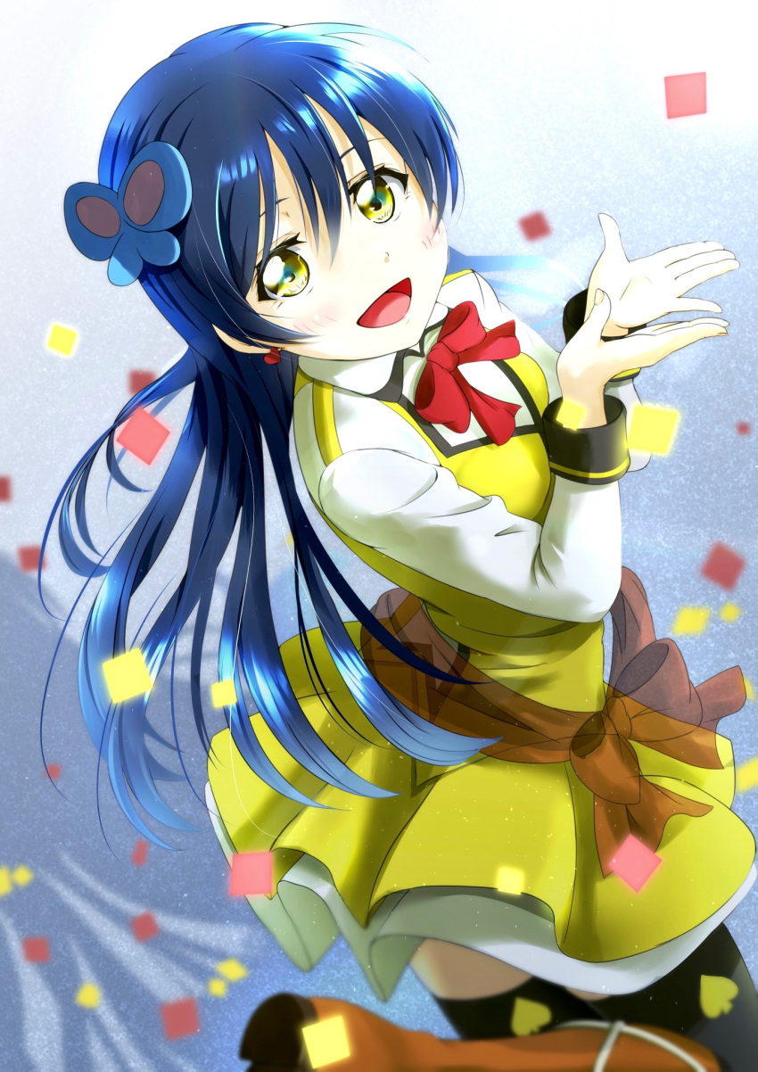 1girl amamiya_(re-amamiya) bangs black_legwear blue_hair blush butterfly_hair_ornament commentary confetti dancing earrings hair_ornament hands_up heart heart_earrings highres jewelry leg_up long_hair long_sleeves looking_at_viewer love_live! love_live!_school_idol_project neck_ribbon open_mouth red_neckwear ribbon smile solo sonoda_umi spade_(shape) sunny_day_song swept_bangs thighhighs yellow_eyes
