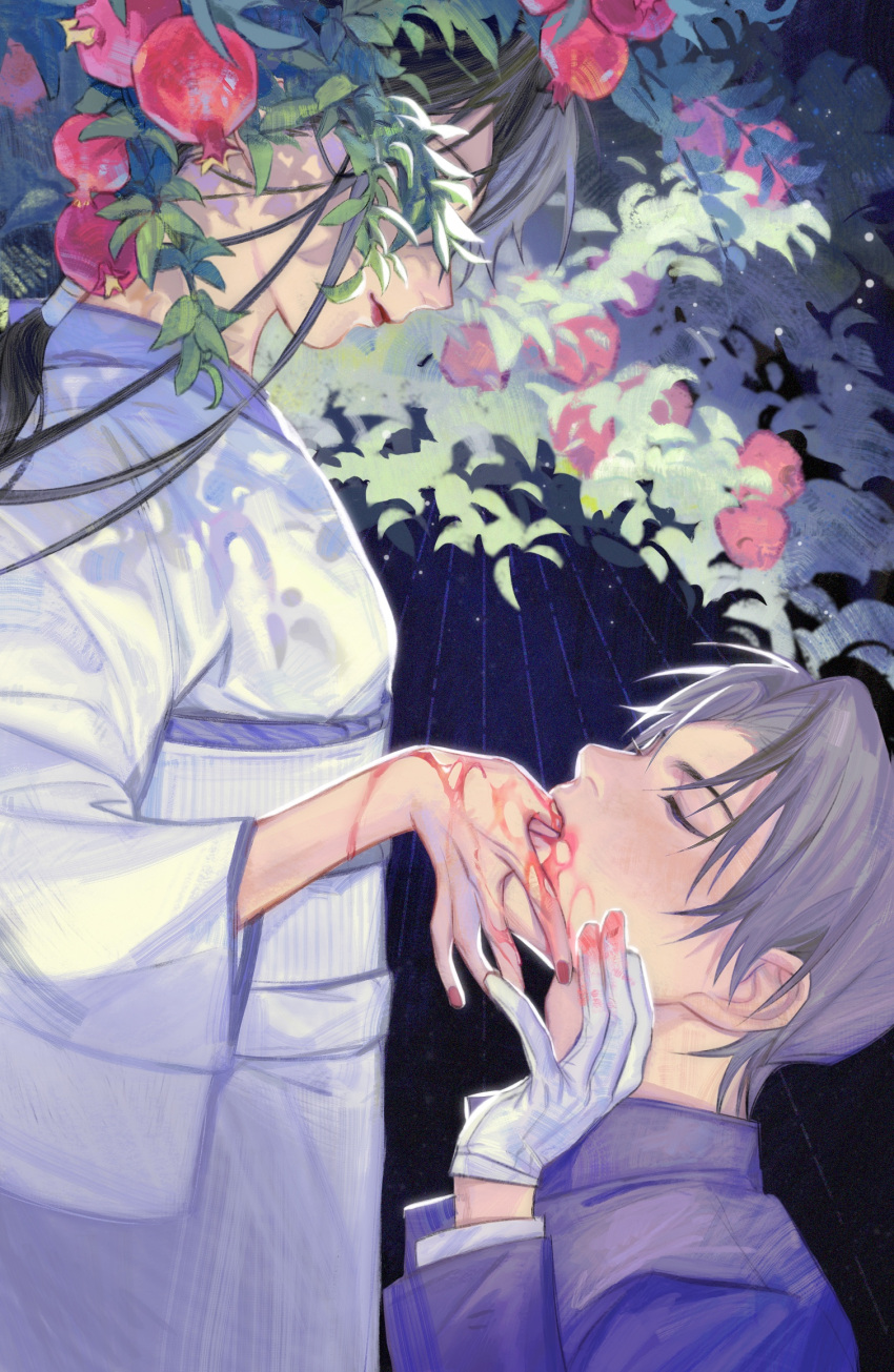 1boy 1girl armor black_background blood blood_on_clothes blood_on_face blood_on_hands closed_eyes commentary_request covered_eyes female_saniwa_(touken_ranbu) finger_in_another's_mouth finger_sucking flower from_side gloves grey_hair heshikiri_hasebe highres japanese_armor japanese_clothes kimono long_hair long_sleeves low_ponytail obi red_lips red_nails sash short_hair smile spo2reducing touken_ranbu upper_body white_gloves white_kimono