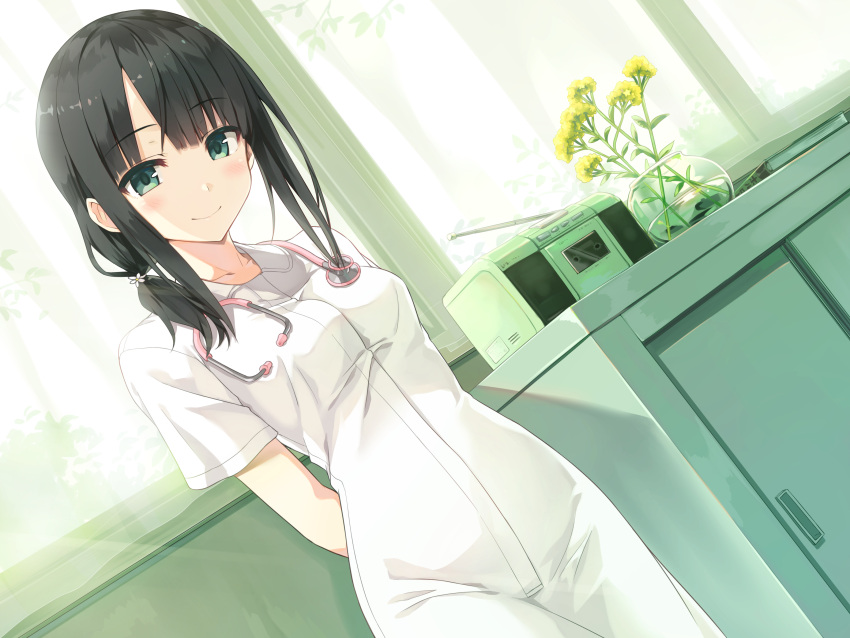 1girl arishima_alice arms_behind_back ayakashi_kyoushuutan bangs black_hair blunt_bangs blush book breasts clinic closed_mouth collarbone commentary_request cura curtains day doctor dress dutch_angle eyebrows_visible_through_hair flower green_eyes hair_flower hair_ornament highres indoors looking_at_viewer medium_breasts medium_hair monobeno official_art older plant potted_plant short_sleeves sidelocks smile solo stereo stethoscope white_dress window yellow_flower