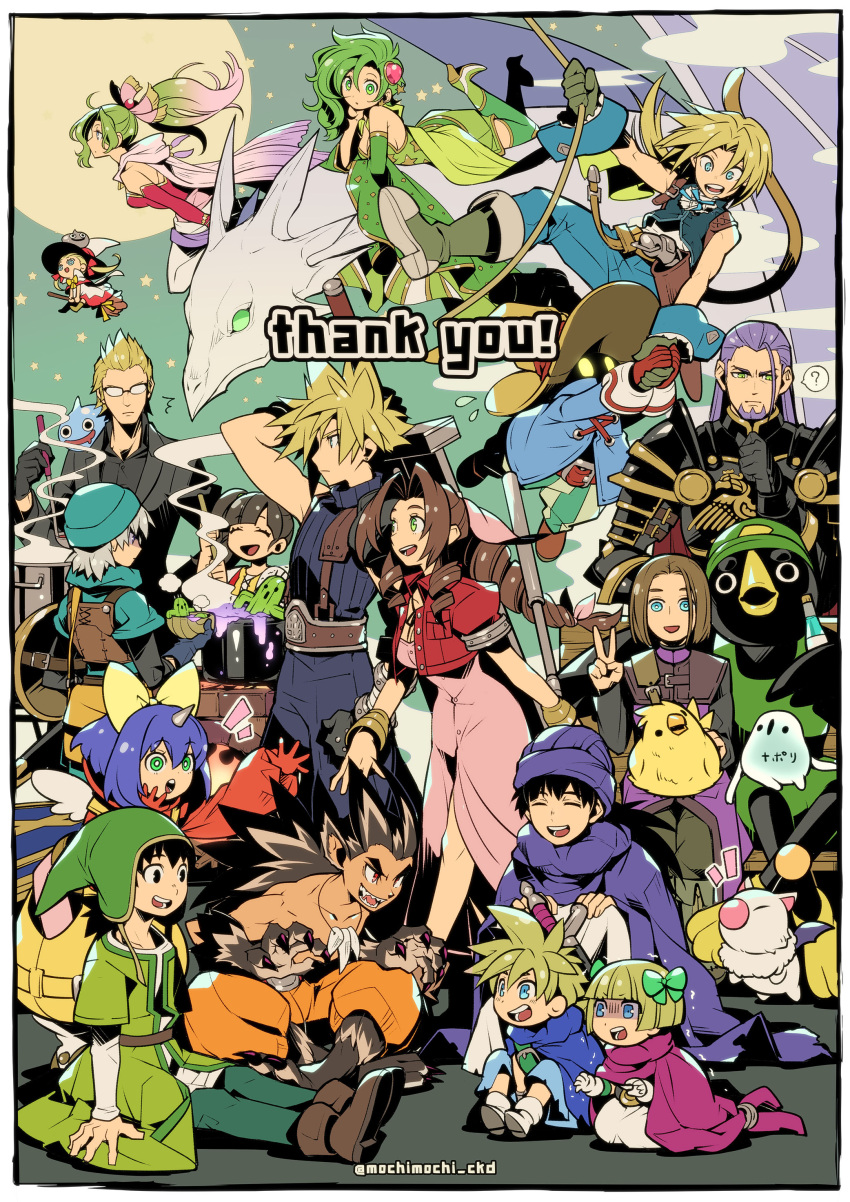absurdres aerith_gainsborough armor bird black_armor black_hair blonde_hair blue_eyes broom broom_riding brown_hair child closed_eyes cloud_strife confused cooking dragon dragon_quest dragon_quest_v dragon_quest_vii dragon_quest_xi dress eiko_carol final_fantasy final_fantasy_ix final_fantasy_vi final_fantasy_vii final_fantasy_vii_remake final_fantasy_xv furry furry_male green_dress green_eyes green_hair group_picture happy hat hero's_daughter_(dq5) hero's_son_(dq5) hero_(dq11) hero_(dq5) hero_(dq7) highres hood hoodie ignis_scientia mochimochi_ckd moogle moon multiple_boys multiple_girls pot purple_hair riding rope sky slime_(dragon_quest) smile square_enix star_(sky) starry_sky swinging talking tina_branford v vivi_ornitier witch witch_hat zidane_tribal