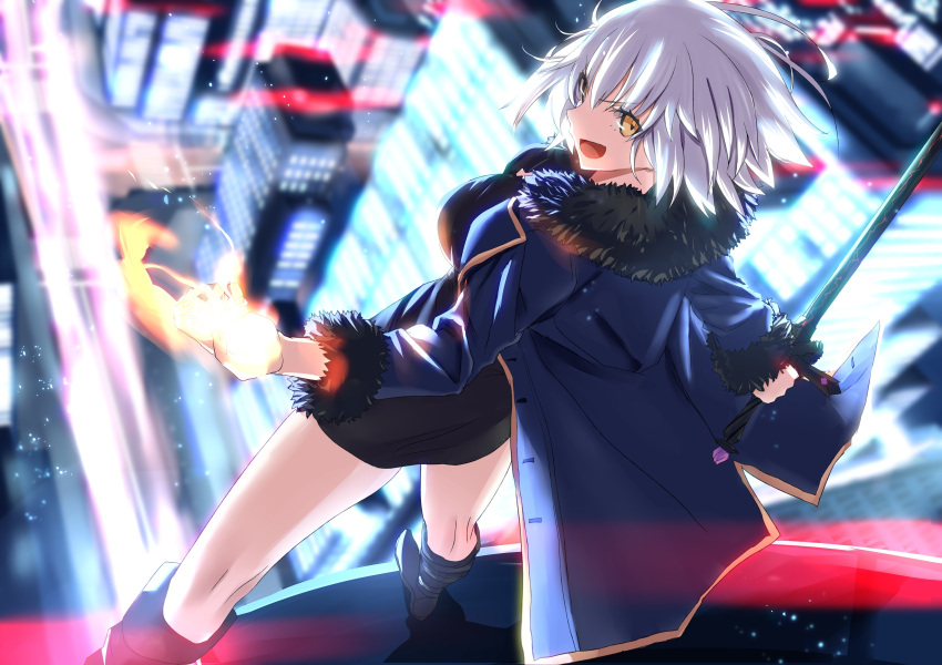 1girl bangs black_dress black_jacket building coat dress eyebrows_visible_through_hair fate/grand_order fate_(series) fur-trimmed_coat fur-trimmed_jacket fur-trimmed_sleeves fur_collar fur_trim highres jacket jeanne_d'arc_(alter)_(fate) jeanne_d'arc_(fate) jewelry necklace open_arms open_clothes open_coat open_jacket open_mouth revision short_dress short_hair silver_hair sword tsurime tsuuhan weapon wicked_dragon_witch_ver._shinjuku_1999 yellow_eyes