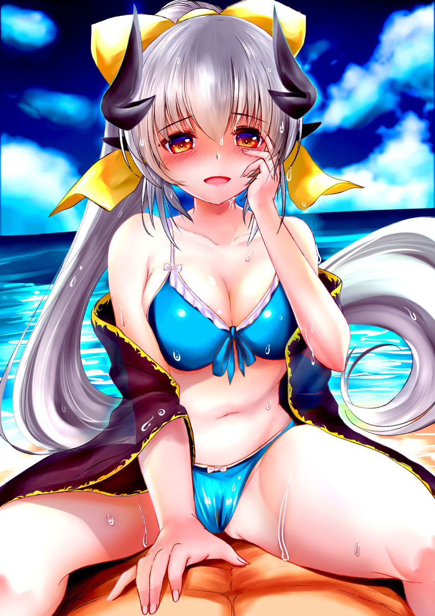 1girl :d absurdres bare_shoulders bikini blue_bikini blush bow breasts cleavage cloud collarbone day dragon_girl dragon_horns fate/grand_order fate_(series) hand_on_own_face highres horns izumikuu kiyohime_(fate) kiyohime_(swimsuit_lancer)_(fate) large_breasts long_hair looking_at_viewer midriff multiple_horns navel open_mouth orange_eyes ponytail revision silver_hair smile solo_focus straddling swimsuit very_long_hair yellow_bow