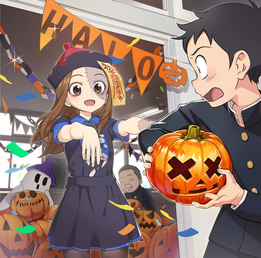 1girl 2boys :d brown_eyes brown_hair classroom confetti error facepaint gakuran ghost_costume halloween halloween_costume hat holding jack-o'-lantern jiangshi_costume karakai_jouzu_no_takagi-san long_hair multiple_boys nishikata nyoro_(nyoronyoro000) outstretched_arms pantyhose school_uniform smile takagi-san witch_hat