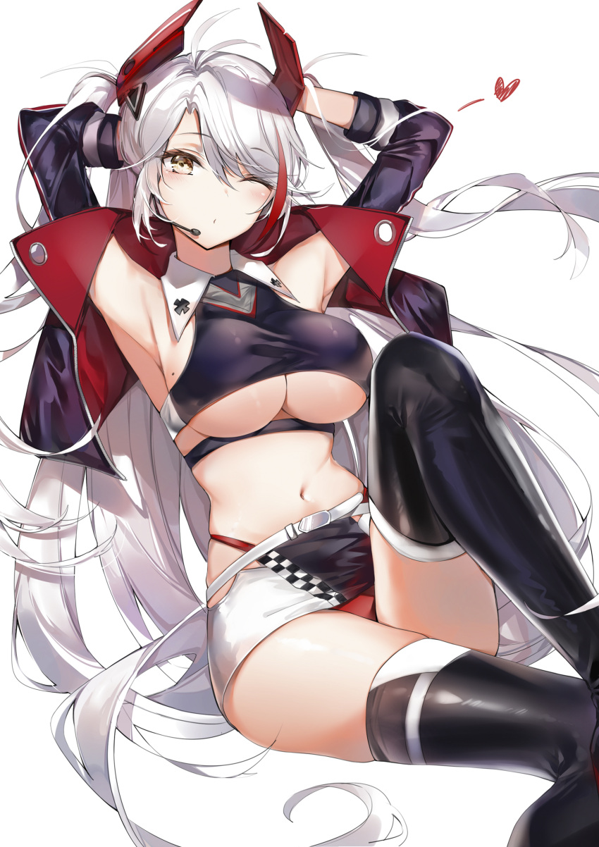 1girl absurdres antenna_hair armpits arms_up azur_lane bangs black_legwear breasts cat checkered coat collar cropped_shirt cross eyebrows_visible_through_hair hair_between_eyes headgear heart highleg highleg_panties highres iron_cross large_breasts long_hair looking_at_viewer microphone miniskirt mole mole_on_breast navel official_alternate_costume one_eye_closed panties prinz_eugen_(azur_lane) prinz_eugen_(final_lap)_(azur_lane) red_panties silver_hair simple_background sitting skirt solo swept_bangs thighhighs two_side_up underwear very_long_hair white_background white_coat white_collar yellow_eyes yukineko1018