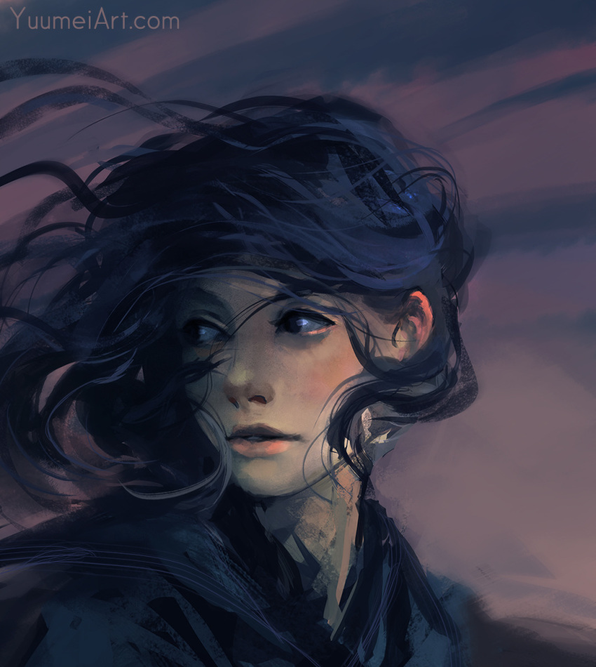 black_eyes black_hair commentary english_commentary floating_hair highres looking_to_the_side original parted_lips portrait sketch smile speedpaint watermark web_address wenqing_yan