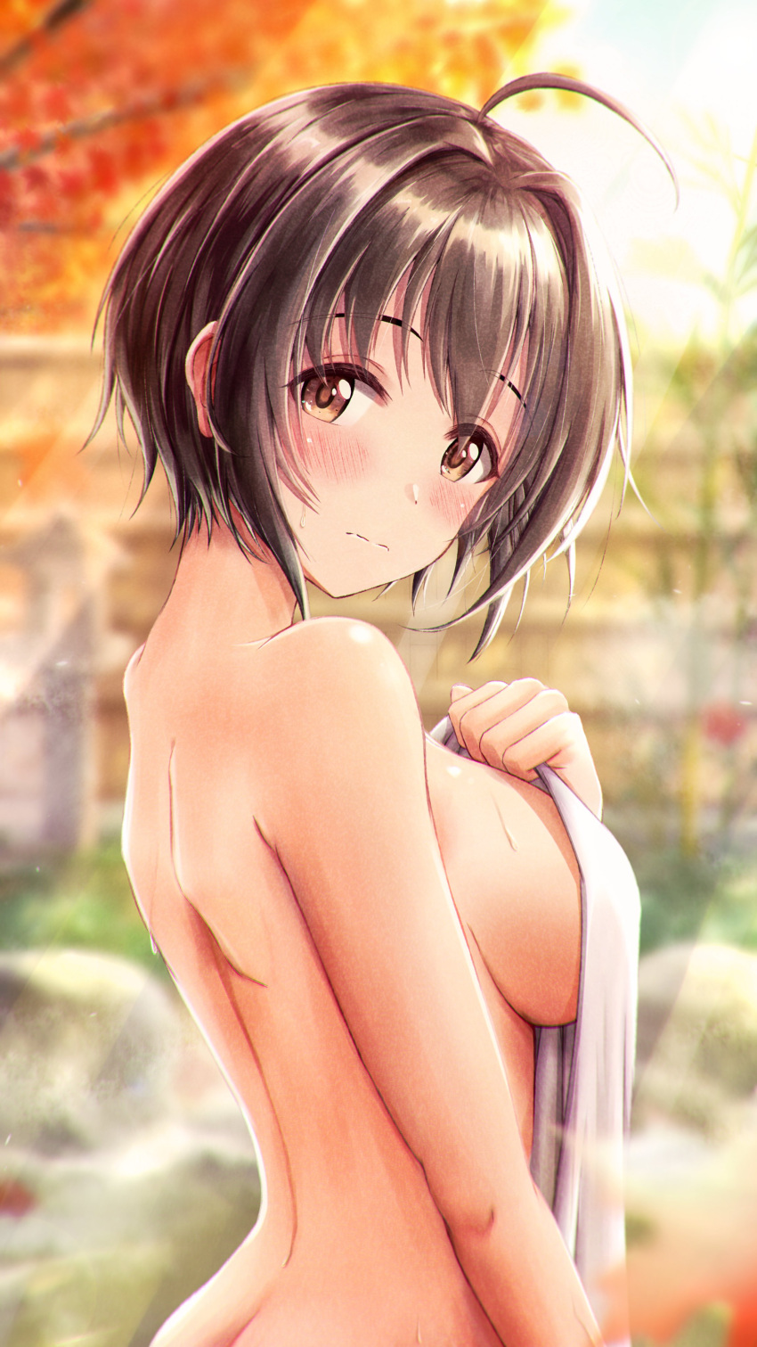 1girl absurdres ahoge backbone bangs black_hair blurry blurry_background blush breasts butt_crack closed_mouth commentary covered_nipples covering depth_of_field expressionless eyebrows_visible_through_hair hair_intakes highres holding holding_towel idolmaster idolmaster_cinderella_girls kohinata_miho large_breasts light_rays looking_at_viewer looking_to_the_side maple_tree masuku_(saint_mask) nude_cover onsen short_hair shoulder_blades sideboob sideways_glance solo stone sweatdrop towel tree upper_body