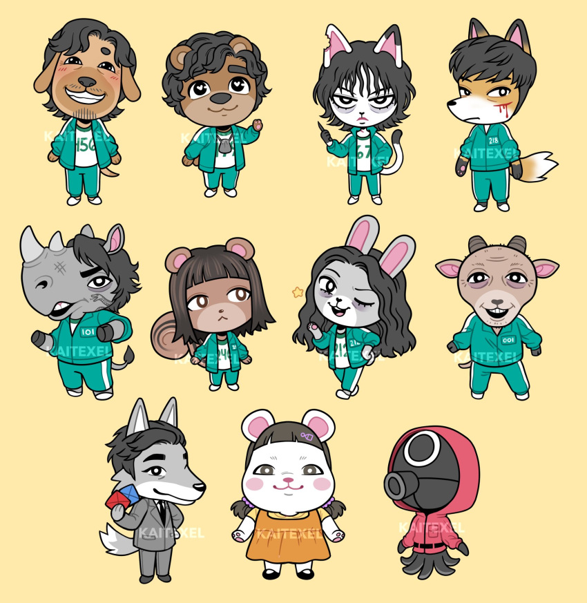 4girls 6+boys :&lt; ali_abdul angry animal_crossing artist_name bangs bear_boy black_hair bleeding blood blush_stickers brown_background brown_eyes brown_hair cat_girl cho_sang-woo dog_boy envelope fox_boy furrification furry furry_female furry_male goat_boy gong_yoo green_jacket green_pants grin hamster_girl han_mi-nyeo hand_in_pocket heart heart-shaped_pupils highres holding holding_envelope holding_knife hood hood_up horns injury jacket jang_deok-su jewelry ji_yeong kai_texel knife long_hair long_sleeves looking_at_another looking_at_viewer low_twintails messy_hair multiple_boys multiple_girls necklace numbered octopus_boy oh_il-nam open_clothes open_jacket pants rabbit_girl red_jacket rhinoceros_boy robot_(squid_game) sae-byeok scar seong_gi-hun shirt shoes short_hair simple_background single_horn smile squid_game squirrel_girl star_(symbol) symbol-shaped_pupils teeth twintails upper_teeth watermark white_shirt wolf_boy worker_(squid_game)