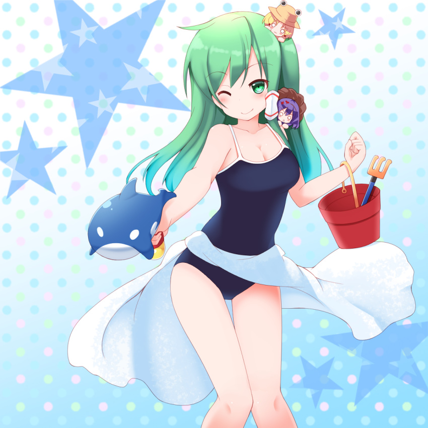 3girls blonde_hair blue_background blush breasts bucket cleavage competition_school_swimsuit cowboy_shot eyebrows_visible_through_hair frog_hair_ornament gradient gradient_background green_eyes green_hair hair_between_eyes hair_ornament hair_ribbon hair_tubes highres kochiya_sanae layered_sleeves leaf_hair_ornament long_hair long_sleeves medium_breasts medium_hair minigirl moriya_suwako multiple_girls one-piece_swimsuit one_eye_closed puffy_short_sleeves puffy_sleeves purple_hair purple_vest pyonta red_shirt ribbon rope satoru_(enheionline) school_swimsuit shirt short_hair short_over_long_sleeves short_sleeves shovel skirt sleeves_past_wrists snake_hair_ornament starry_background swimsuit touhou trowel vest water_gun yasaka_kanako