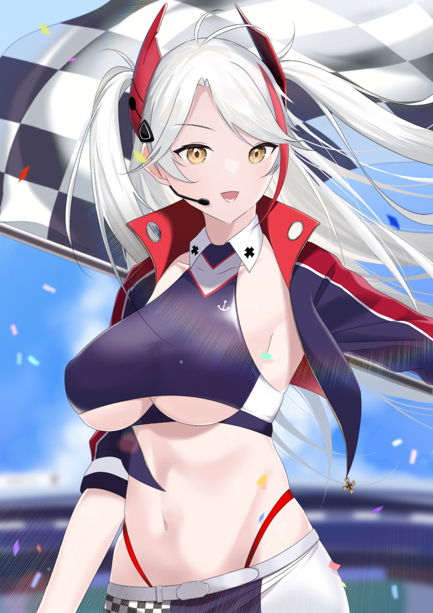 1girl absurdres azur_lane blurry blurry_background breasts checkered checkered_flag commentary confetti cropped_shirt cross flag headgear headset highres iron_cross jacket large_breasts looking_at_viewer microphone midriff multicolored_hair navel official_alternate_costume open_clothes open_jacket outdoors oxygen_mask_(oxygenmask233) panty_straps prinz_eugen_(azur_lane) prinz_eugen_(final_lap)_(azur_lane) purple_jacket race_queen racetrack red_hair solo standing streaked_hair two-tone_hair underboob upper_body white_hair yellow_eyes