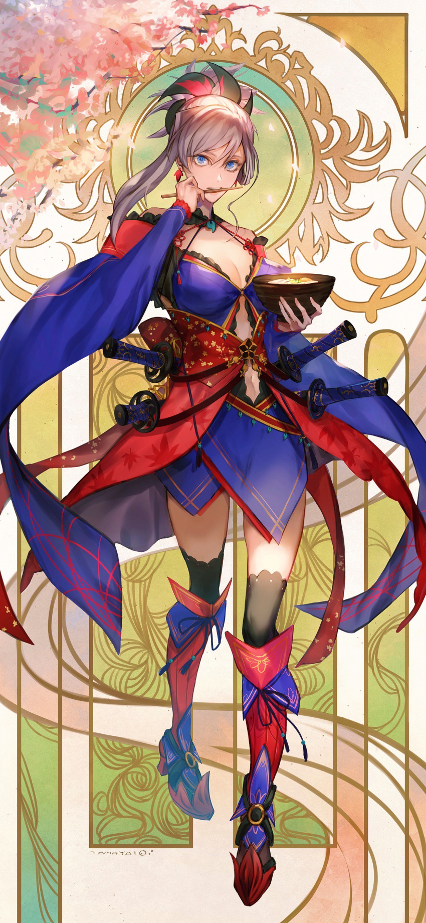 1girl absurdres asymmetrical_hair bangs bare_shoulders black_legwear blue_eyes blue_kimono bowl breasts chopsticks chopsticks_in_mouth cleavage clothing_cutout detached_sleeves earrings fate/grand_order fate_(series) flag_print food full_body hair_ornament high_heels highres holding holding_bowl japanese_clothes jewelry katana kimono large_breasts leaf_print long_hair looking_at_viewer magatama maple_leaf_print miyamoto_musashi_(fate) multiple_swords navel navel_cutout noodles obi ponytail ramen revision sash sheath sheathed shin_guards silver_hair single_sidelock sleeveless sleeveless_kimono solo swept_bangs sword tamayai thighhighs thighs weapon wide_sleeves