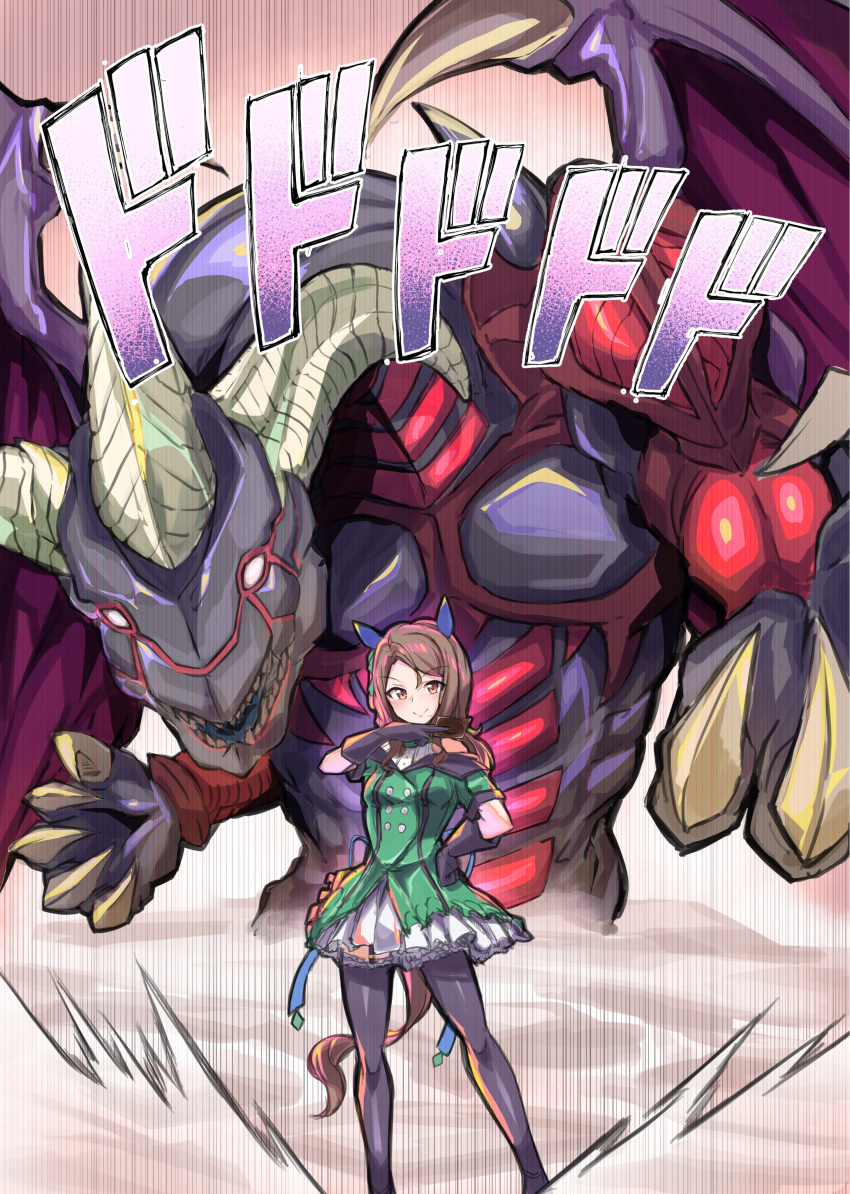 1girl absurdres animal_ears bare_shoulders black_gloves brown_eyes brown_hair card crossover dragon dress duel_monster ear_covers eyebrows_visible_through_hair feet_out_of_frame gloves hand_on_hip hand_up highres holding holding_card horns horse_ears horse_girl horse_tail king_halo_(umamusume) long_hair momonosuke_(u-ma991028) off-shoulder_dress off_shoulder pantyhose red_dragon_archfiend short_sleeves tail umamusume yu-gi-oh! yu-gi-oh!_5d's