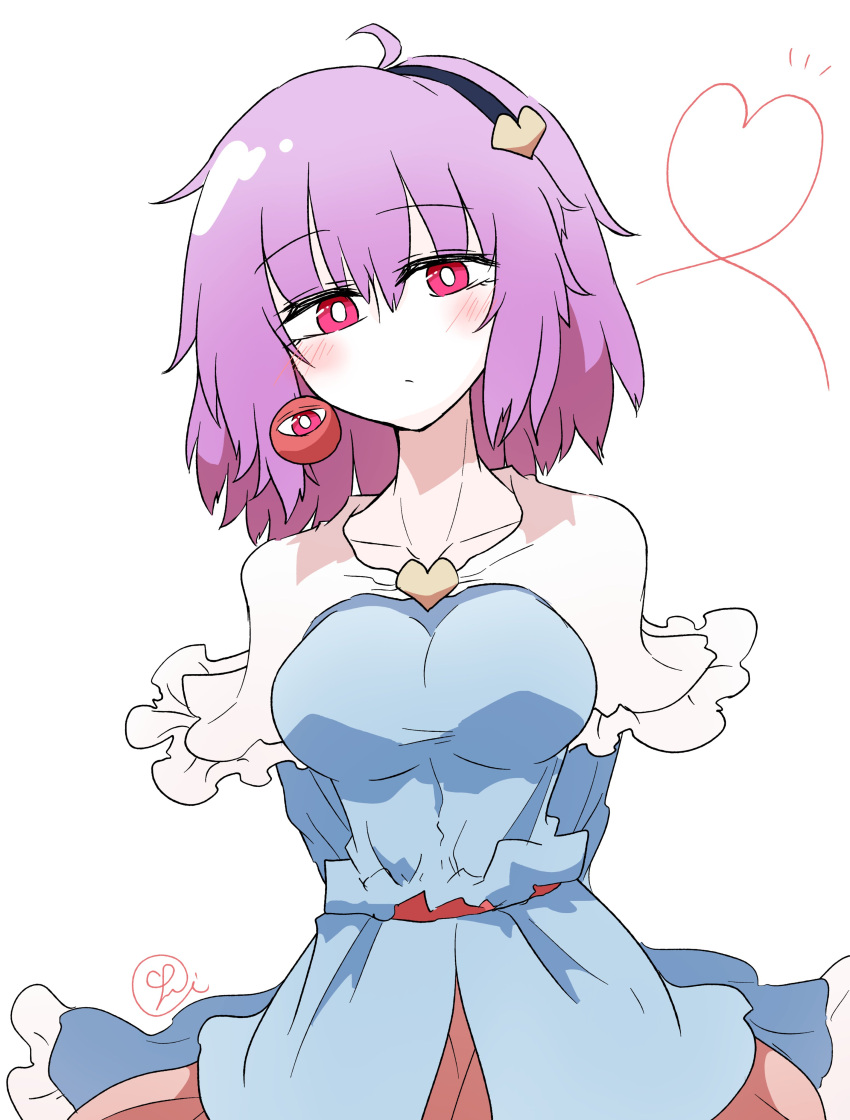 1girl :o absurdres bangs blouse blue_blouse blush breasts eyeball eyebrows_visible_through_hair frilled_shirt_collar frills hairband heart heart_of_string highres komeiji_satori large_breasts looking_at_viewer medium_hair pink_skirt purple_eyes purple_hair scavia10 sidelocks simple_background skirt solo third_eye touhou white_background wide_sleeves