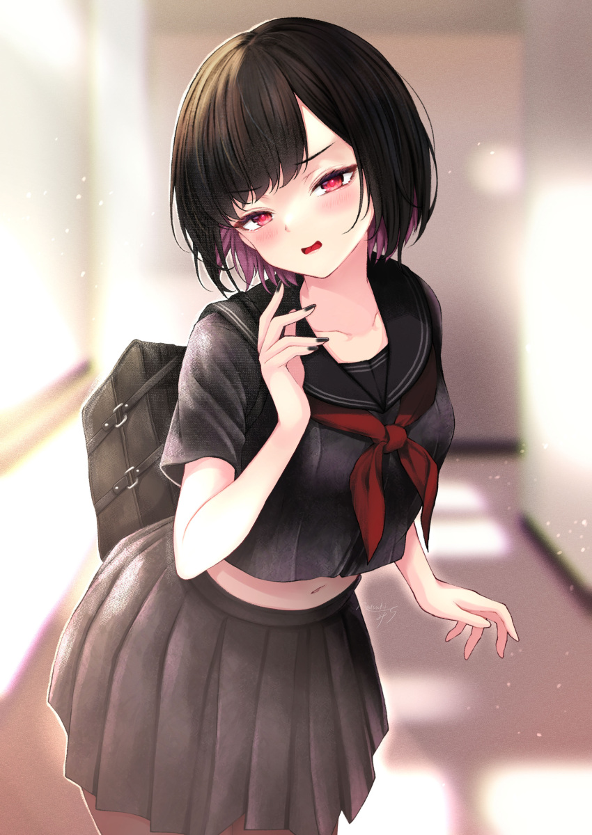 1girl absurdres artist_name bag bangs black_bag black_hair black_legwear black_nails black_sailor_collar black_shirt blurry blurry_background blush collarbone colored_inner_hair commentary cropped_shirt dress_shirt embarrassed eyelashes furrowed_brow hair_strand hallway hand_up head_tilt highres holding holding_bag kazanock leaning_forward looking_at_viewer midriff multicolored_hair nail_polish narrowed_eyes navel neckerchief nervous open_mouth original pleated_skirt purple_hair red_eyes red_neckerchief sailor_collar school_bag school_uniform serafuku shirt short_hair simple_background skirt solo swept_bangs texture two-tone_hair wavy_mouth