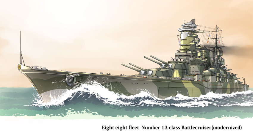 battleship cannon english_text flag highres imperial_japanese_navy japanese_flag military military_vehicle no_humans ocean okutama_tarou original sakuramon ship smokestack sunburst turret vehicle_focus warship watercraft waving