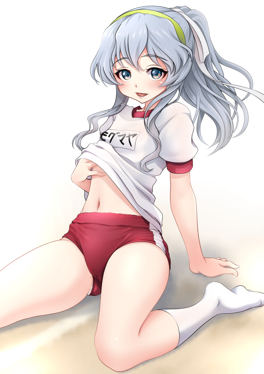 1girl absurdres ass_visible_through_thighs buruma clothes_lift day eyebrows_visible_through_hair green_hairband grey_eyes gym_shirt gym_uniform hair_between_eyes hairband headband highres kantai_collection kneehighs long_hair looking_at_viewer makura_(user_jpmm5733) name_tag outdoors panties_under_buruma ponytail red_buruma shirt shirt_lift short_sleeves silver_hair solo wavy_hair white_legwear white_shirt yamagumo_(kancolle)