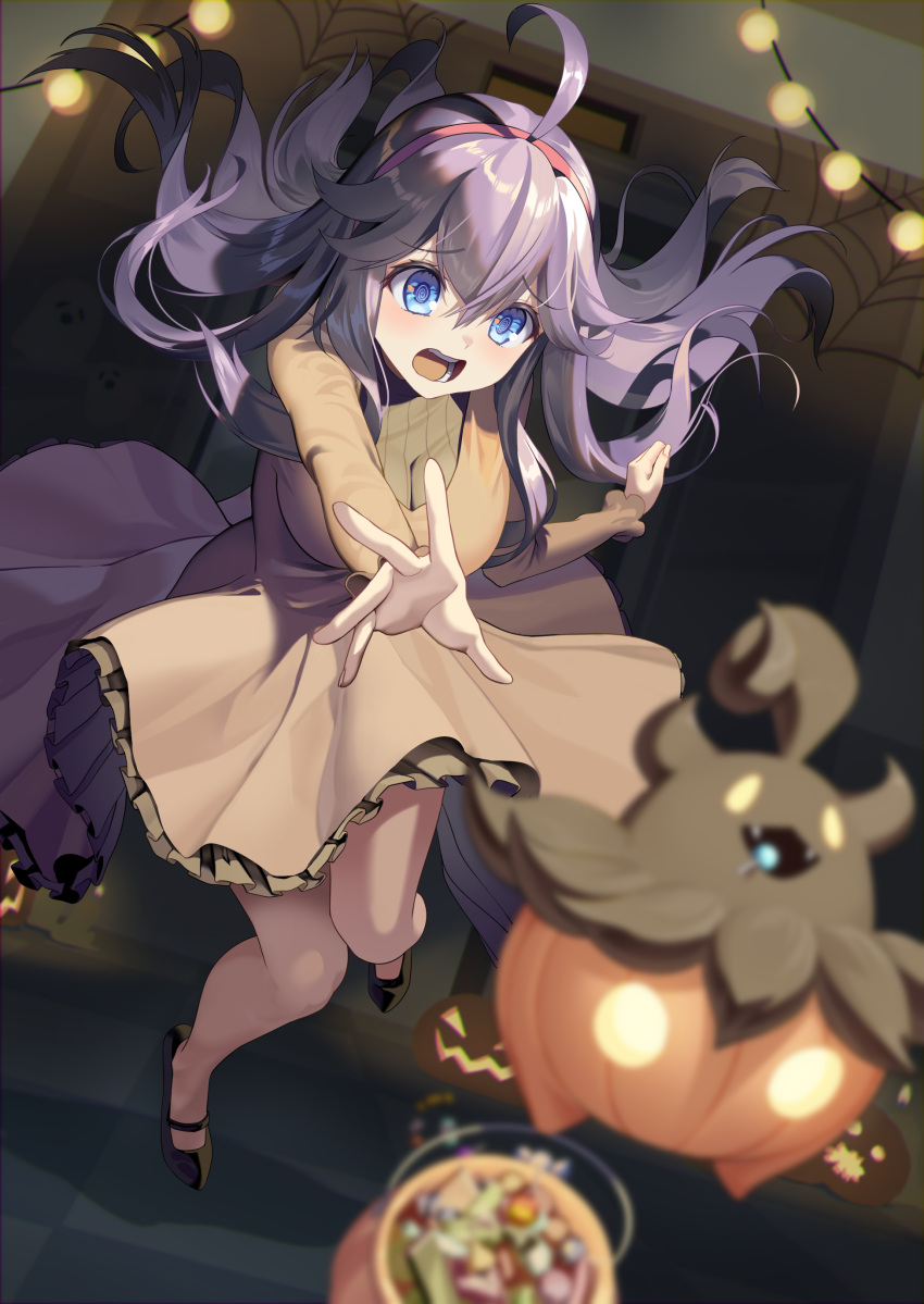 1girl absurdres ahoge bangs blue_eyes blurry blurry_foreground blush brown_footwear chasing commentary dress eyebrows_visible_through_hair floating_hair frills hairband halloween halloween_bucket hex_maniac_(pokemon) highres loafers long_hair luts open_mouth outstretched_arm pokemon pokemon_(creature) pokemon_(game) pokemon_xy pumpkaboo purple_hair purple_hairband raised_eyebrows reaching shoes silk spider_web spread_fingers teeth tongue