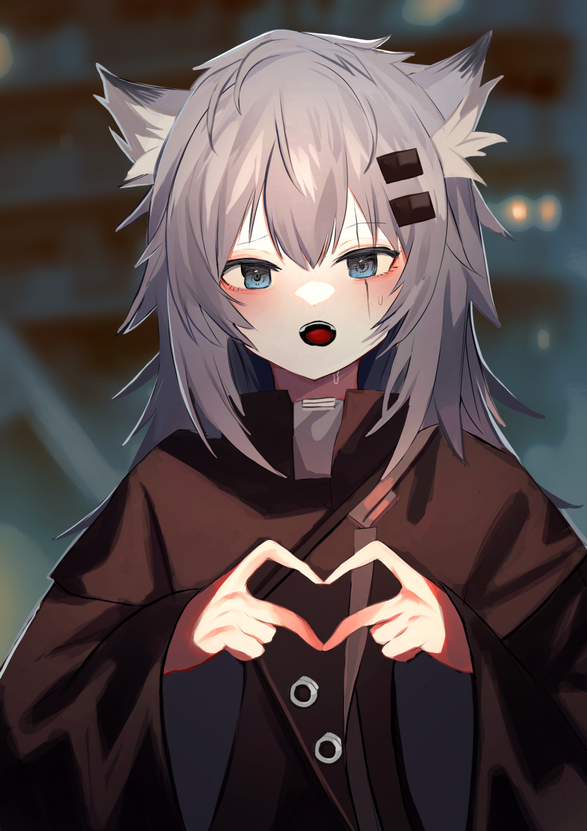 1girl absurdres animal_ears arknights black_jacket blue_eyes blurry blurry_background grey_hair hair_between_eyes hair_ornament hairclip heart heart_hands highres jacket lappland_(arknights) long_hair long_sleeves looking_at_viewer messy_hair open_mouth scar scar_across_eye solo straight-on sunawachi_yu sweat upper_body wolf_ears