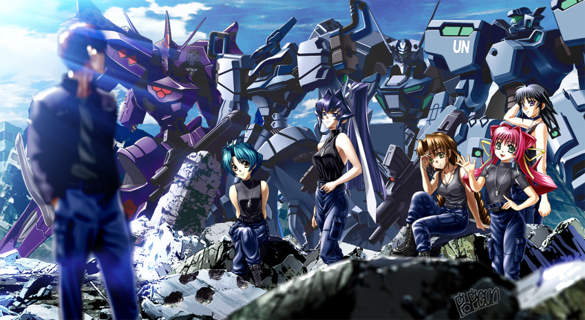 1boy 5girls artist_name ayamine_kei black_hair black_jacket black_tank_top blue_hair blue_pants breasts brown_hair f-4j_gekishin fubuki_(muvluv) green_eyes grey_shirt hair_ears halter_top halterneck hand_on_hip hands_in_pockets jacket mecha medium_breasts mitsurugi_meiya multiple_girls muvluv muvluv_alternative pants popmaru_chuui purple_eyes rubble sakaki_chizuru science_fiction shirogane_takeru shirt short_hair smile tactical_surface_fighter takemikazuchi_(muvluv) tamase_miki tank_top twintails type_94_shiranui visor waving yoroi_mikoto