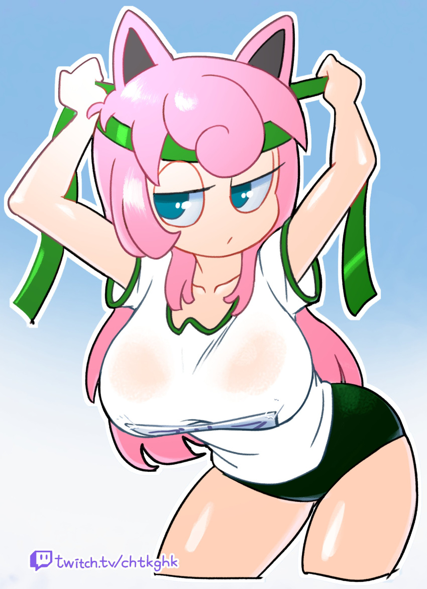 1girl absurdres animal_ears blue_eyes blue_sky breasts buruma cosplay frown gradient gradient_background green_buruma green_headband green_headwear gym_shirt gym_shorts gym_uniform hair_between_eyes hand_on_headwear headband highres hungrybox jiggly_girls jigglypuff jigglypuff_(cosplay) large_breasts leaning_forward long_hair looking_up minuspal pink_hair pokemon ribbon shirt short_sleeves shorts simple_background sky super_smash_bros. twitch.tv twitch_logo upper_body white_shirt